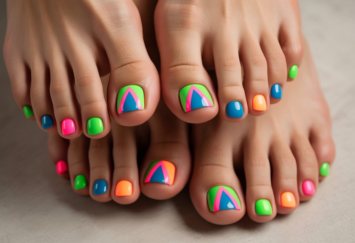 Close-up of feet with ten toenails painted in bright neon colors featuring various geometric patterns.