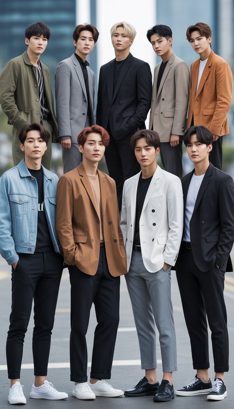 Ten Korean men standing together outdoors wearing different fashionable outfits.