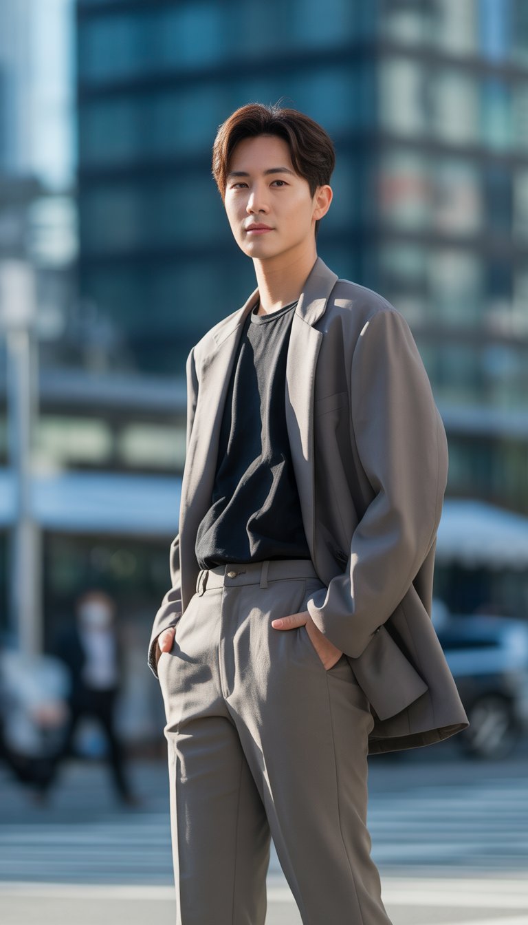 A man standing outdoors wearing an oversized blazer and tailored trousers in a city setting.