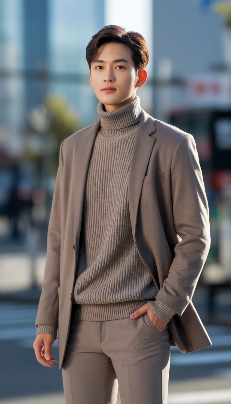 A young man standing outdoors wearing a layered turtleneck sweater and slim pants.
