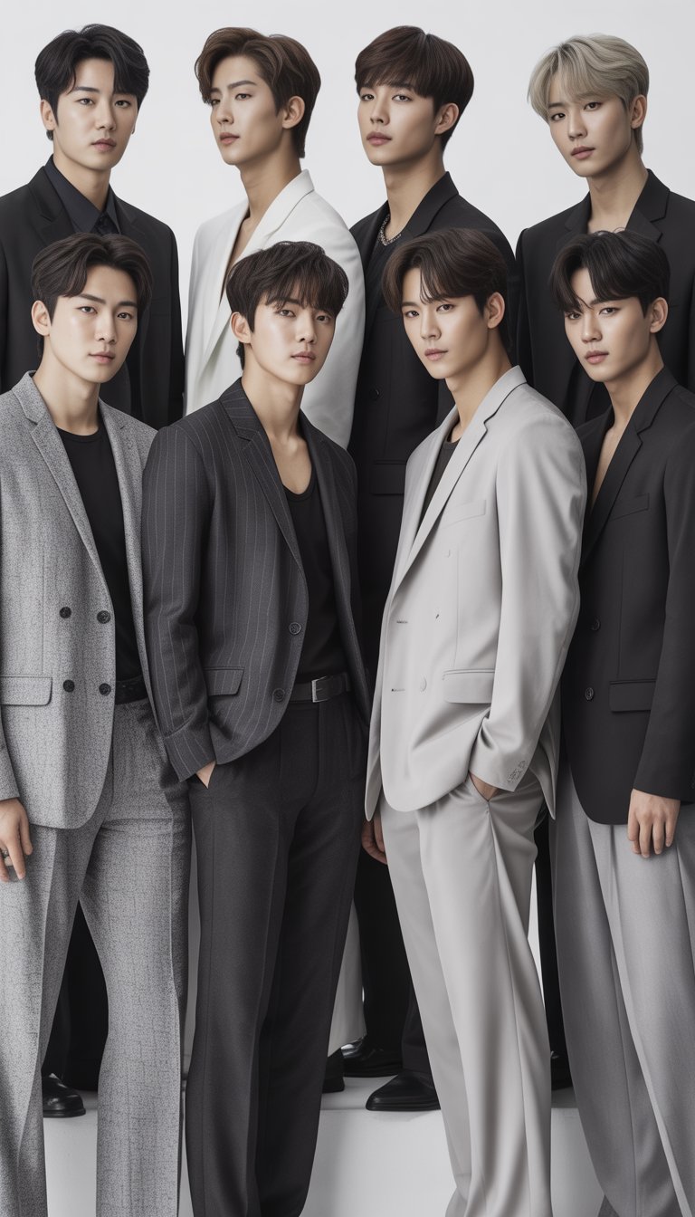 Ten Korean men standing together wearing different black, white, and gray outfits in a simple studio setting.