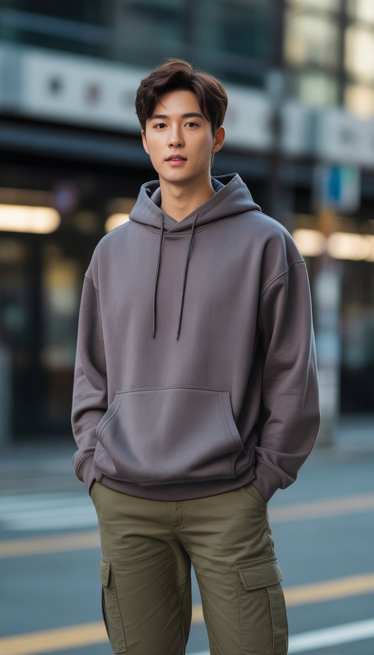 A young man standing on a city street wearing a hoodie and cargo pants.