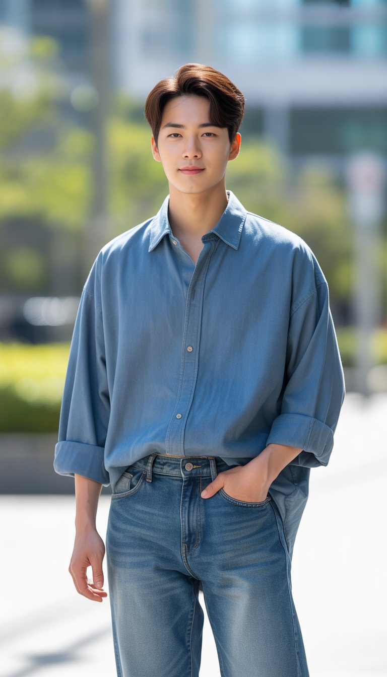 A young man standing outdoors wearing a loose button-up shirt and denim jeans.