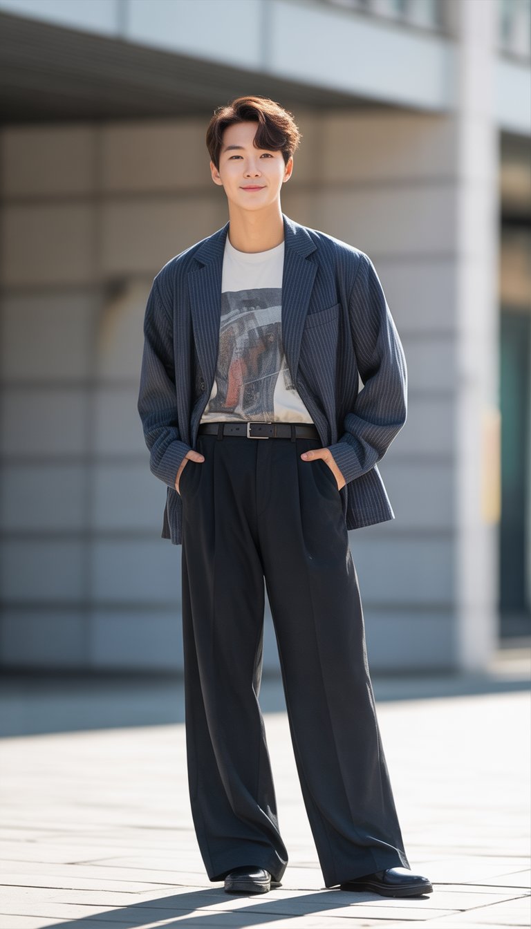A young man standing outdoors in a city wearing wide-leg pants and a graphic t-shirt.