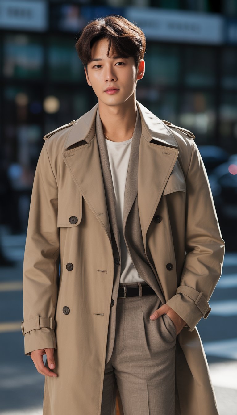 A young man wearing a neutral-toned trench coat standing outdoors in a city environment.