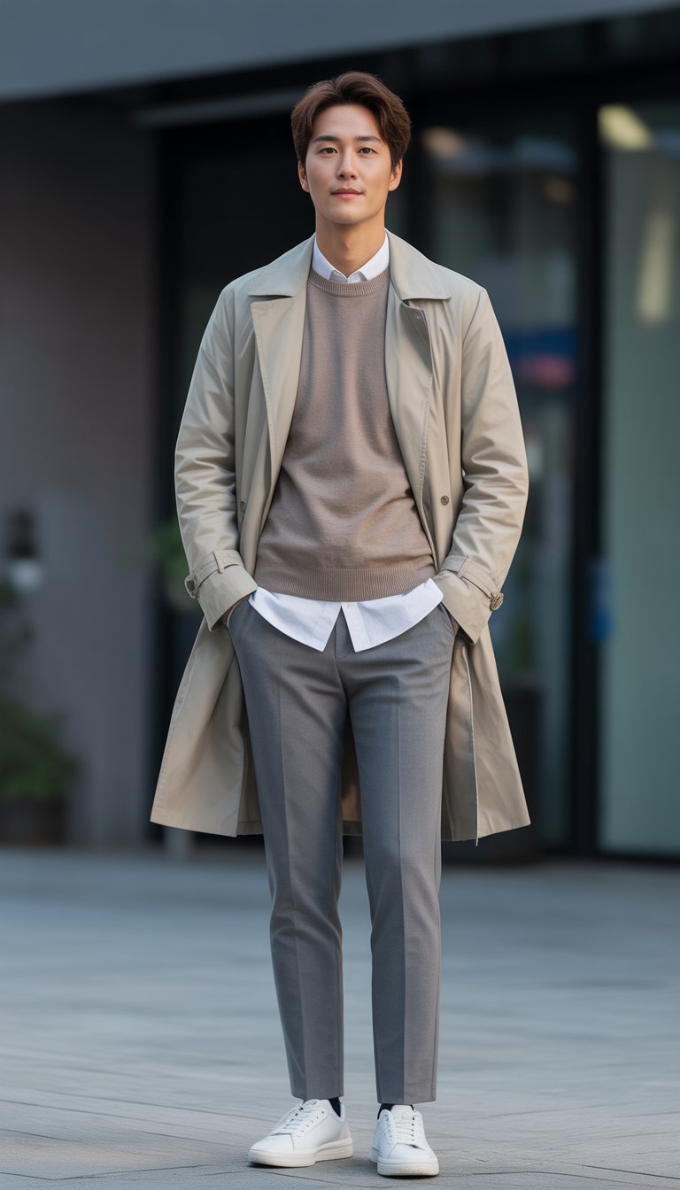 A young man wearing layered neutral-colored outerwear stands in front of a blurred urban background.