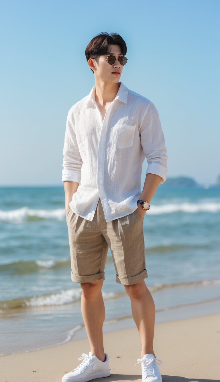 A young Korean man standing on a sunny beach wearing a white shirt and beige shorts with sunglasses, smiling and looking off-camera.