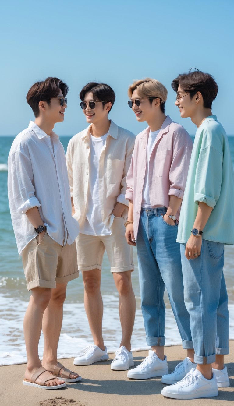 A group of Korean men standing on a sunny beach wearing casual summer outfits and smiling.