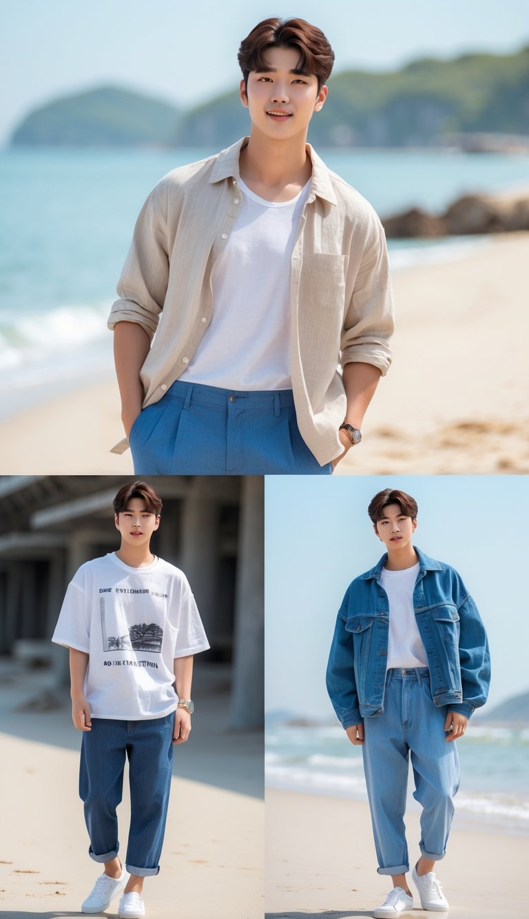 A young Korean man posing outdoors on a sunny beach and urban setting, wearing different casual outfits including a linen shirt and chinos, a graphic t-shirt with cropped trousers, and an oversized denim jacket with jeans.