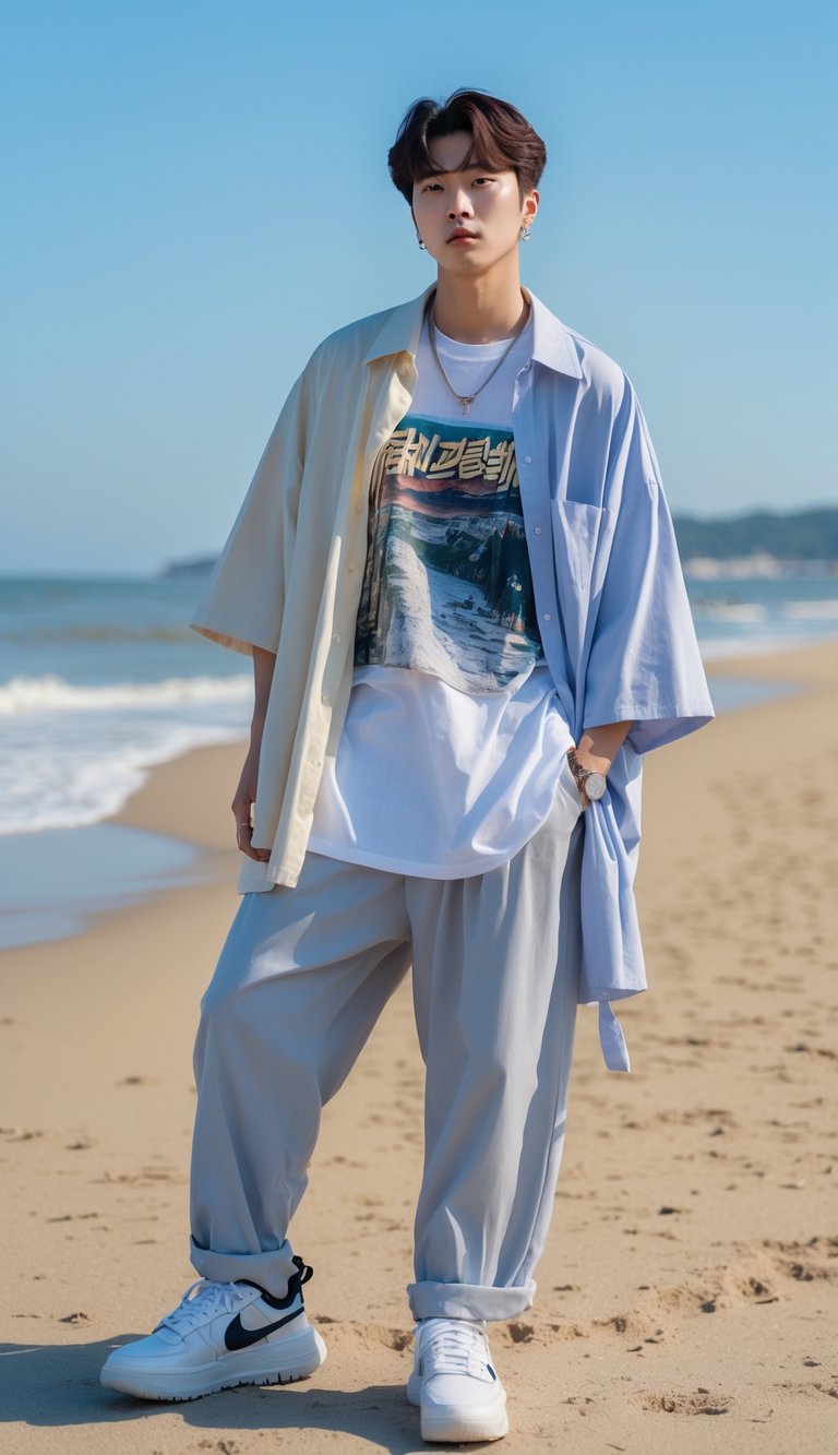 A young Korean man stands on a sunny beach wearing loose, casual clothing with a relaxed pose and a clear blue sky in the background.