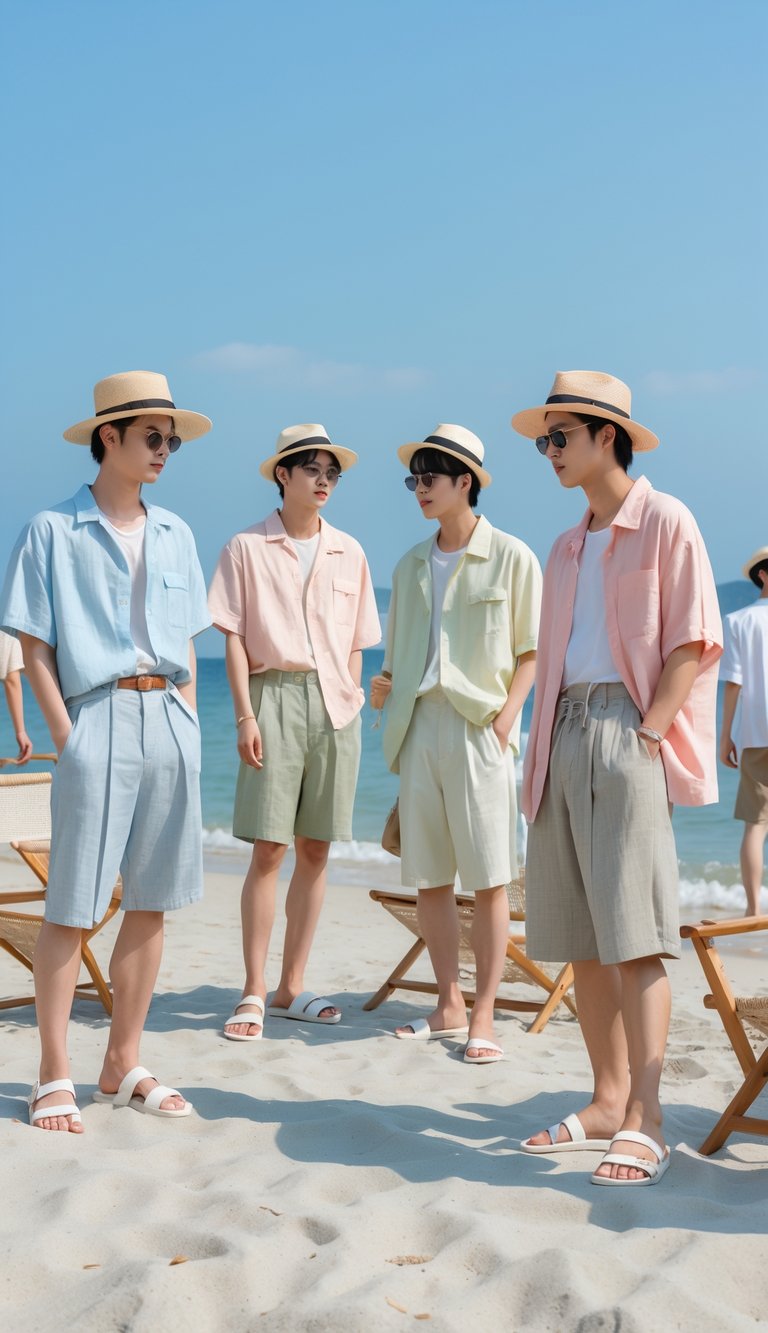 A group of young men standing and sitting on a sandy beach with ocean waves in the background, wearing casual summer outfits.