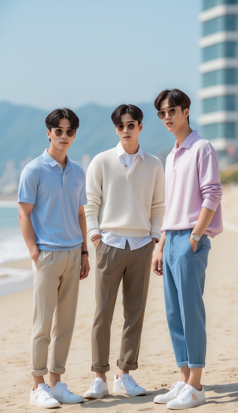 A group of young men standing on a sunny beach wearing casual and smart casual outfits, including polo shirts, sweaters, and shorts, with the ocean and sand visible behind them.