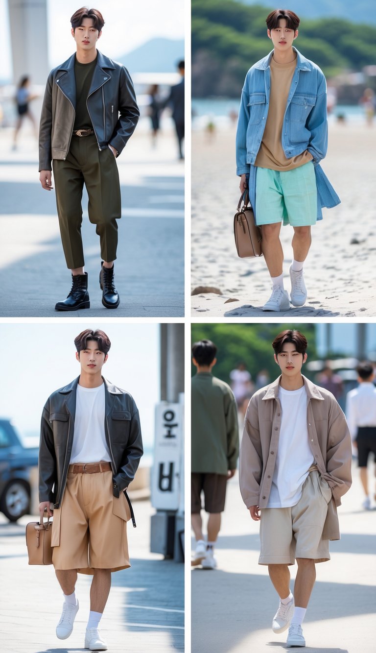 A Korean man modeling different outfits including a leather jacket with boots, a beach outfit, casual everyday wear, and a relaxed boyfriend-style outfit in urban and beach settings.