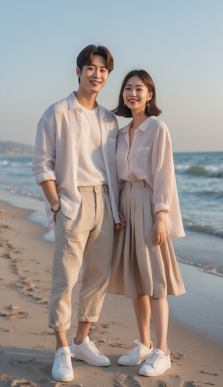 A young Korean couple standing on a beach, smiling at each other with ocean waves in the background.