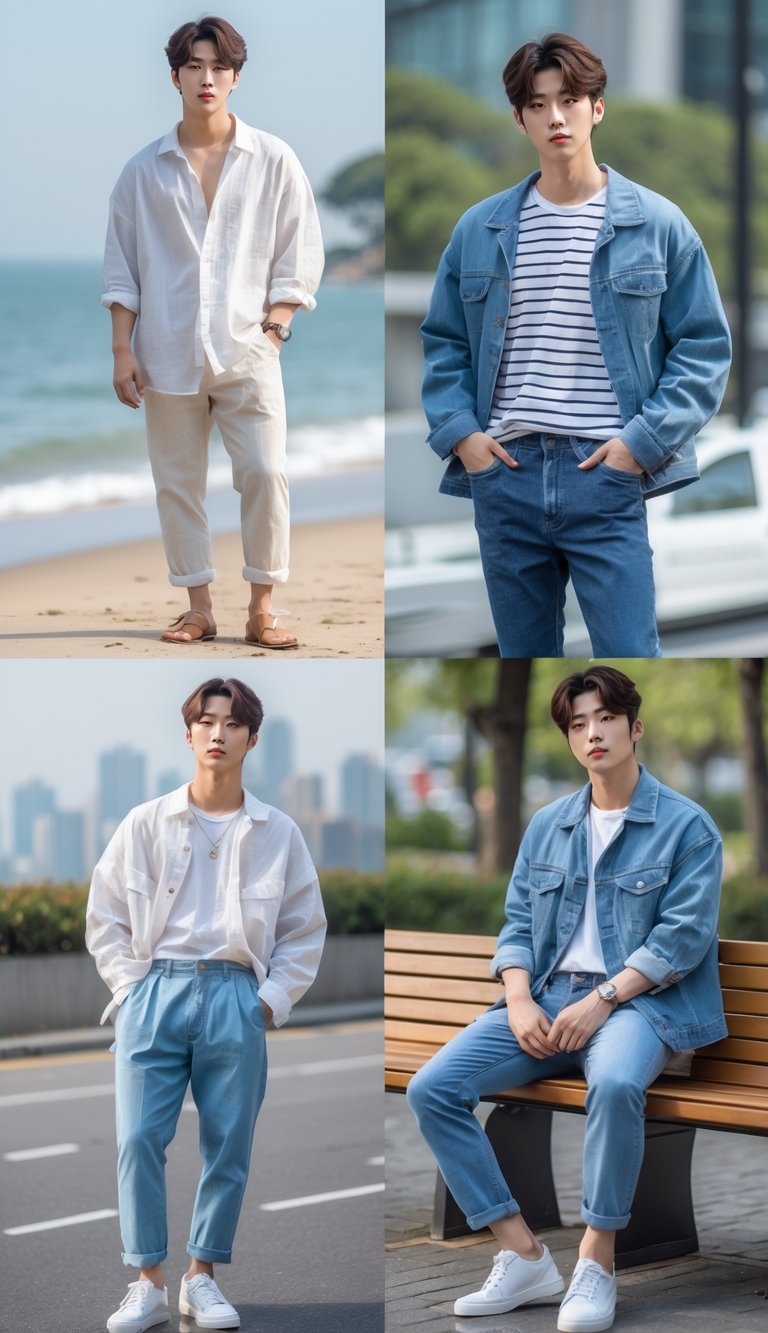 Four young Korean men wearing different casual and semi-formal outfits outdoors, including beachwear, casual streetwear, and layered clothing, posing in various natural urban and beach settings.