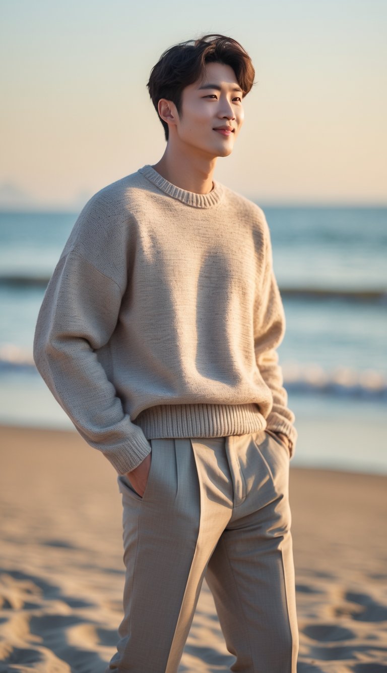 A young man stands on a beach wearing a knit sweater and slim trousers, with the sea and sky in the background.