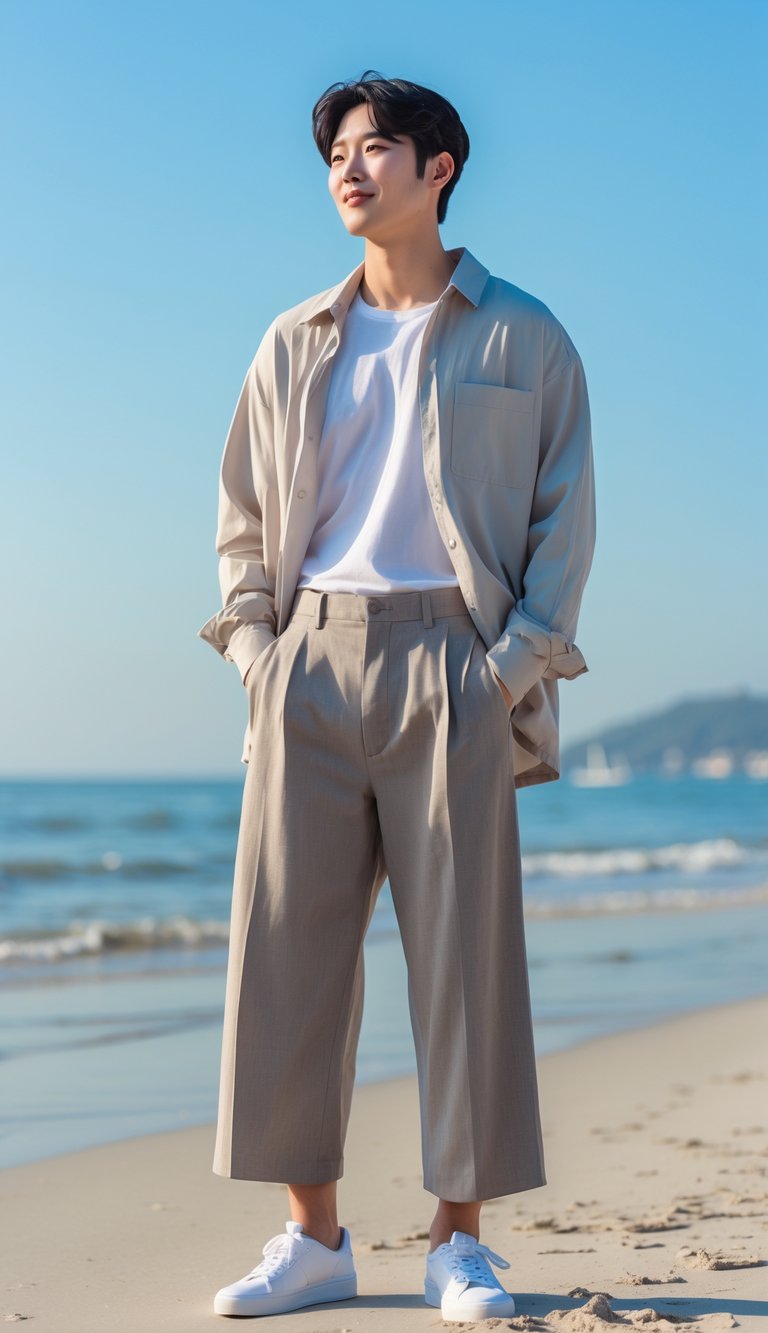 A young man standing on a beach wearing cropped wide-leg pants and a casual shirt, with ocean and sky in the background.