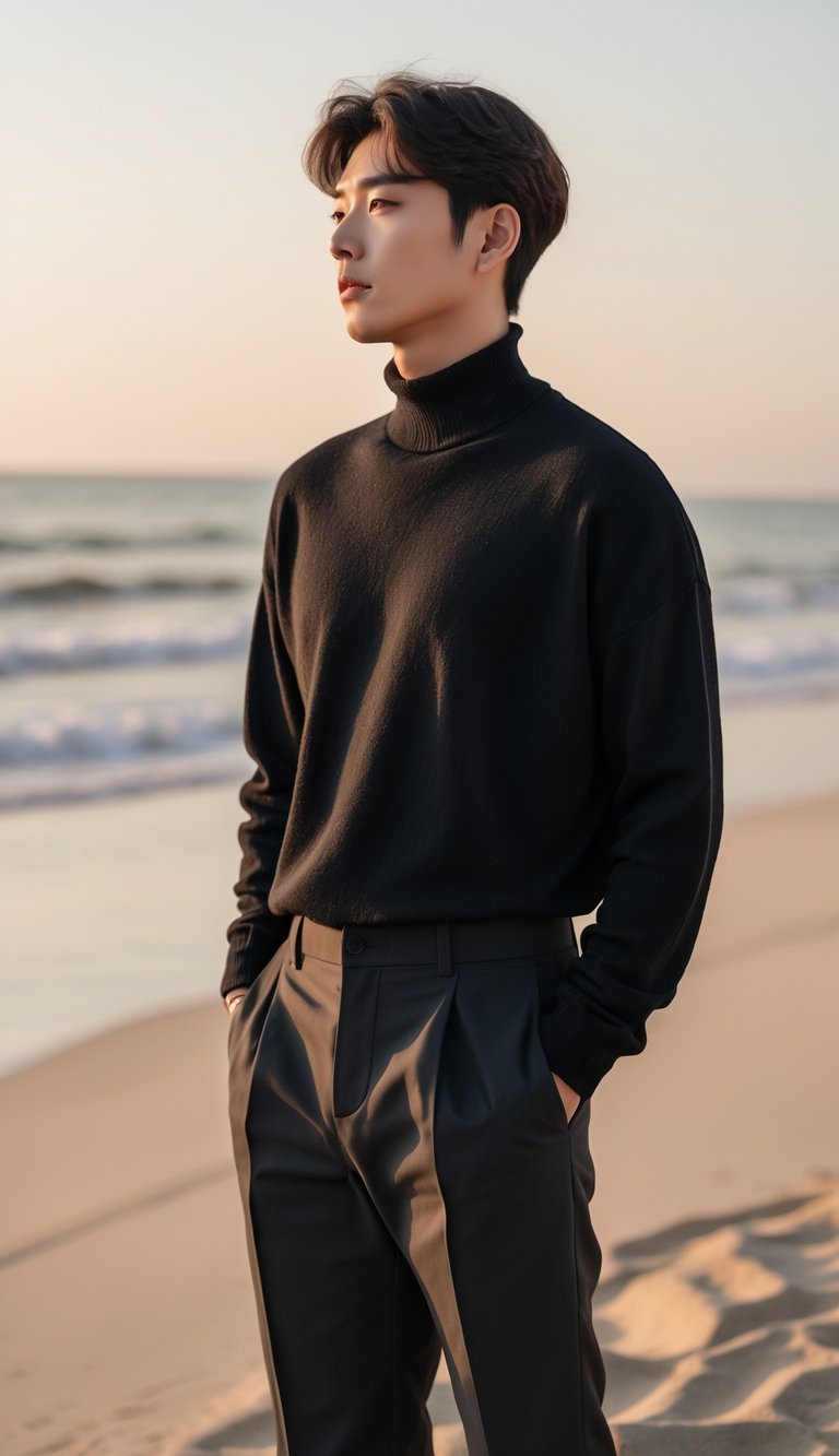 A young Korean man stands on a beach at sunset wearing a black turtleneck and black slacks, looking thoughtfully toward the water.