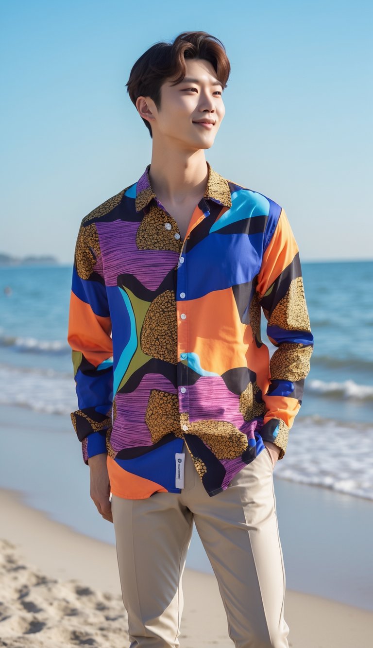 A young man standing on a sunny beach wearing a patterned shirt and neutral trousers, with ocean waves and a clear sky in the background.