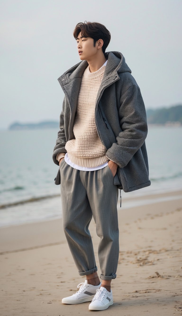 A young man standing on a beach wearing a layered parka and sweaters, looking into the distance with the ocean behind him.