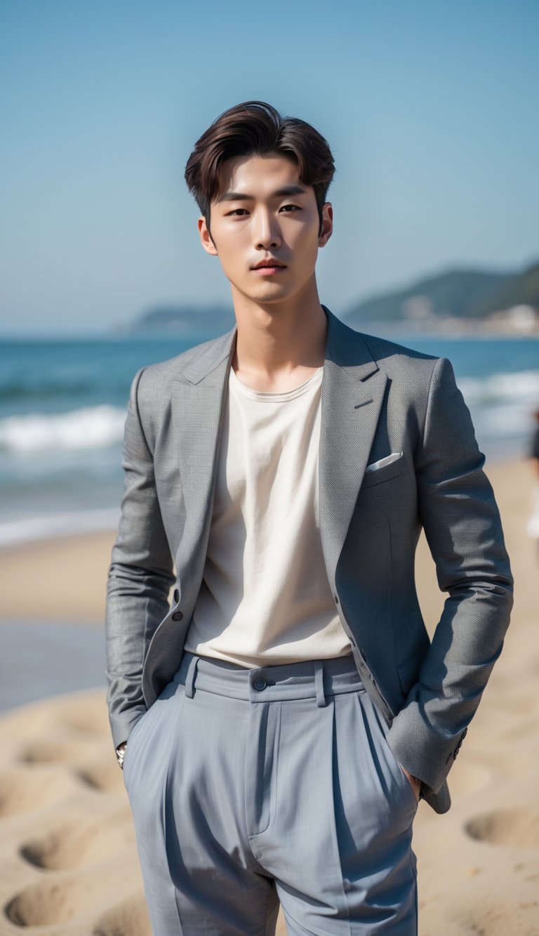 A Korean man standing on a sunny beach wearing a blazer and trousers, with sand and ocean in the background.