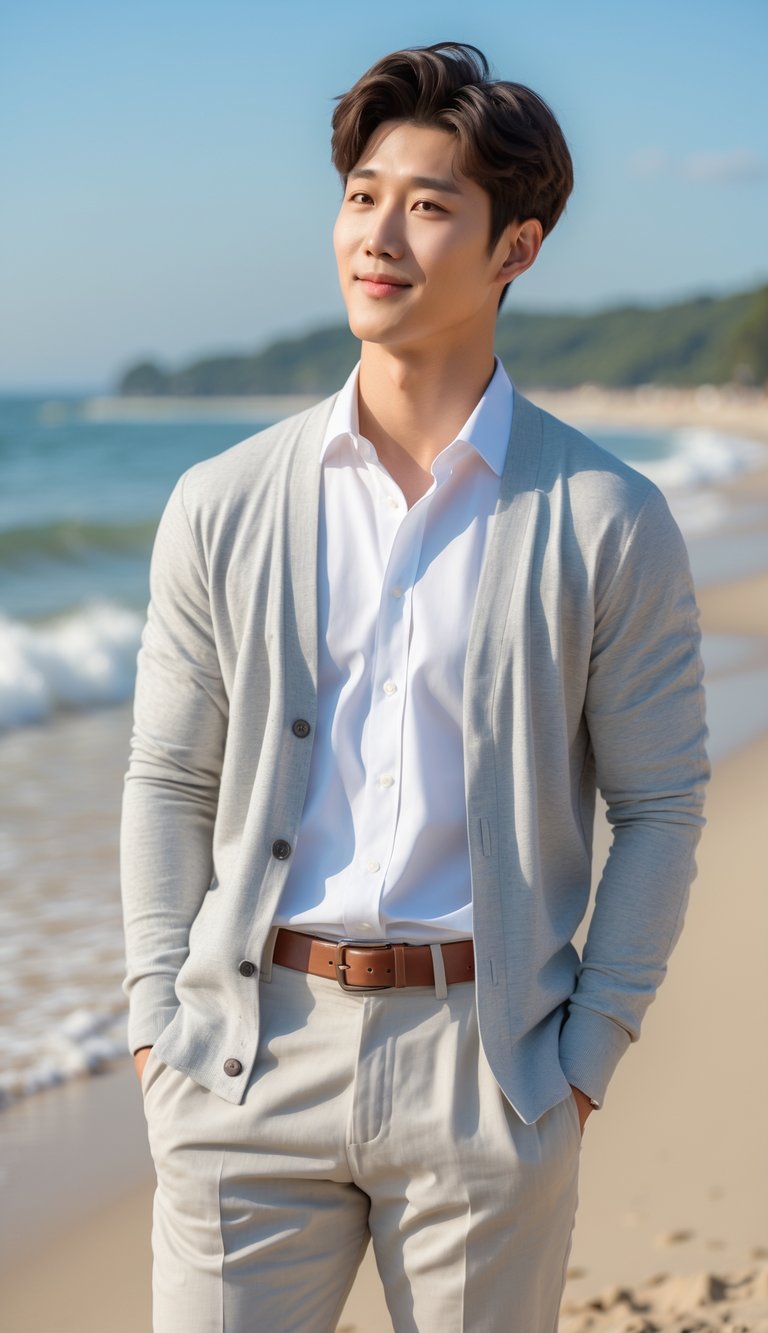 Young Korean man standing on a sunny beach wearing a cardigan over a white shirt.