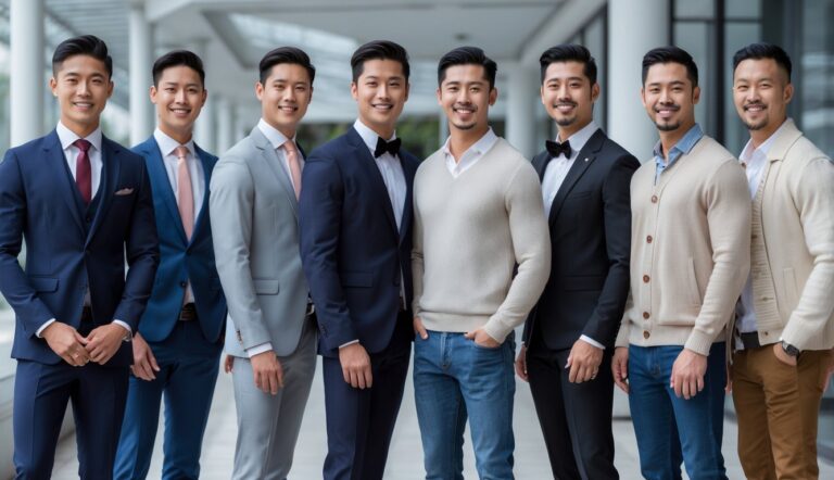 A group of men wearing a mix of formal and casual outfits standing together outdoors.