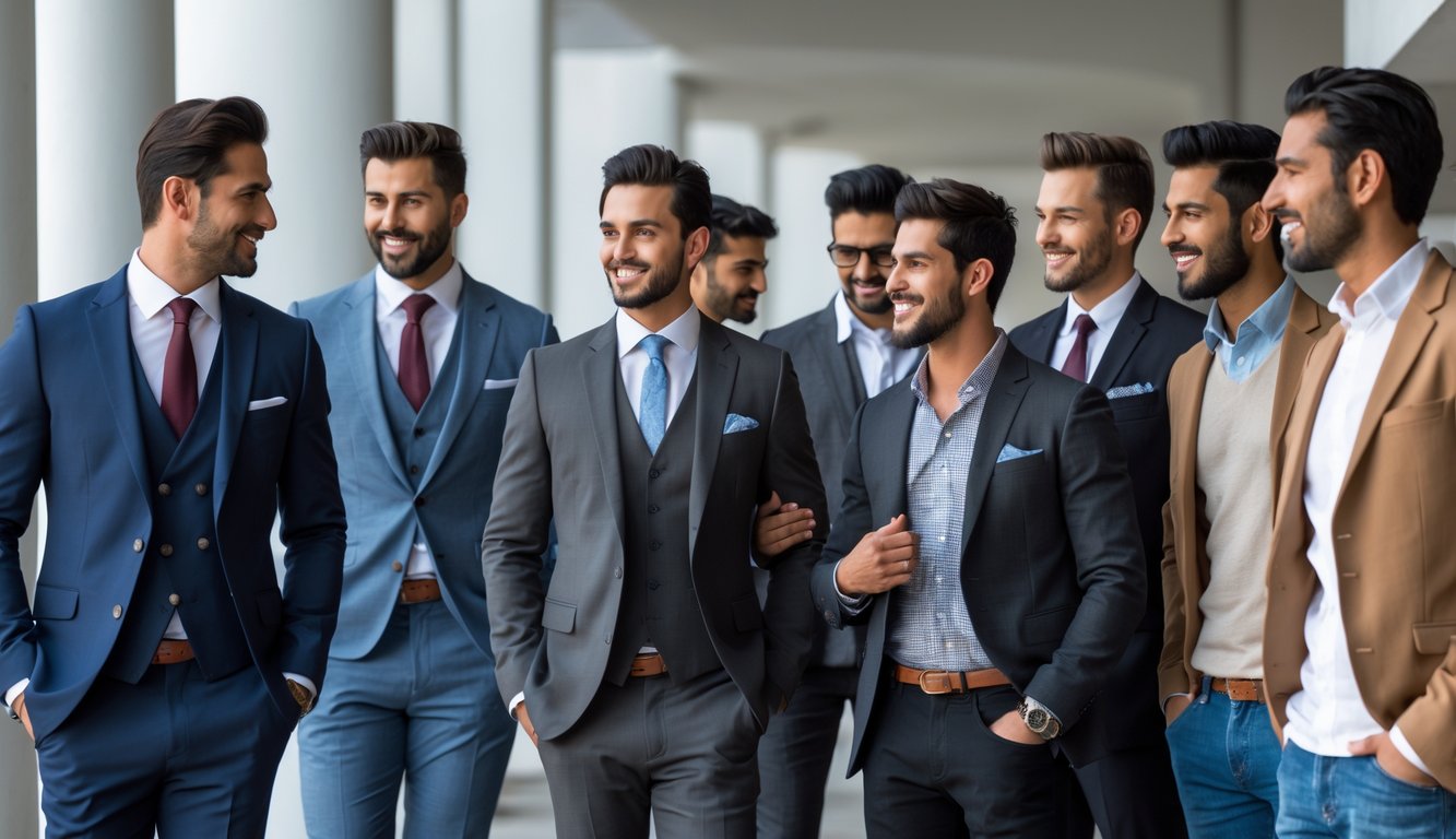 A group of men wearing a mix of formal suits and casual outfits standing together outdoors.