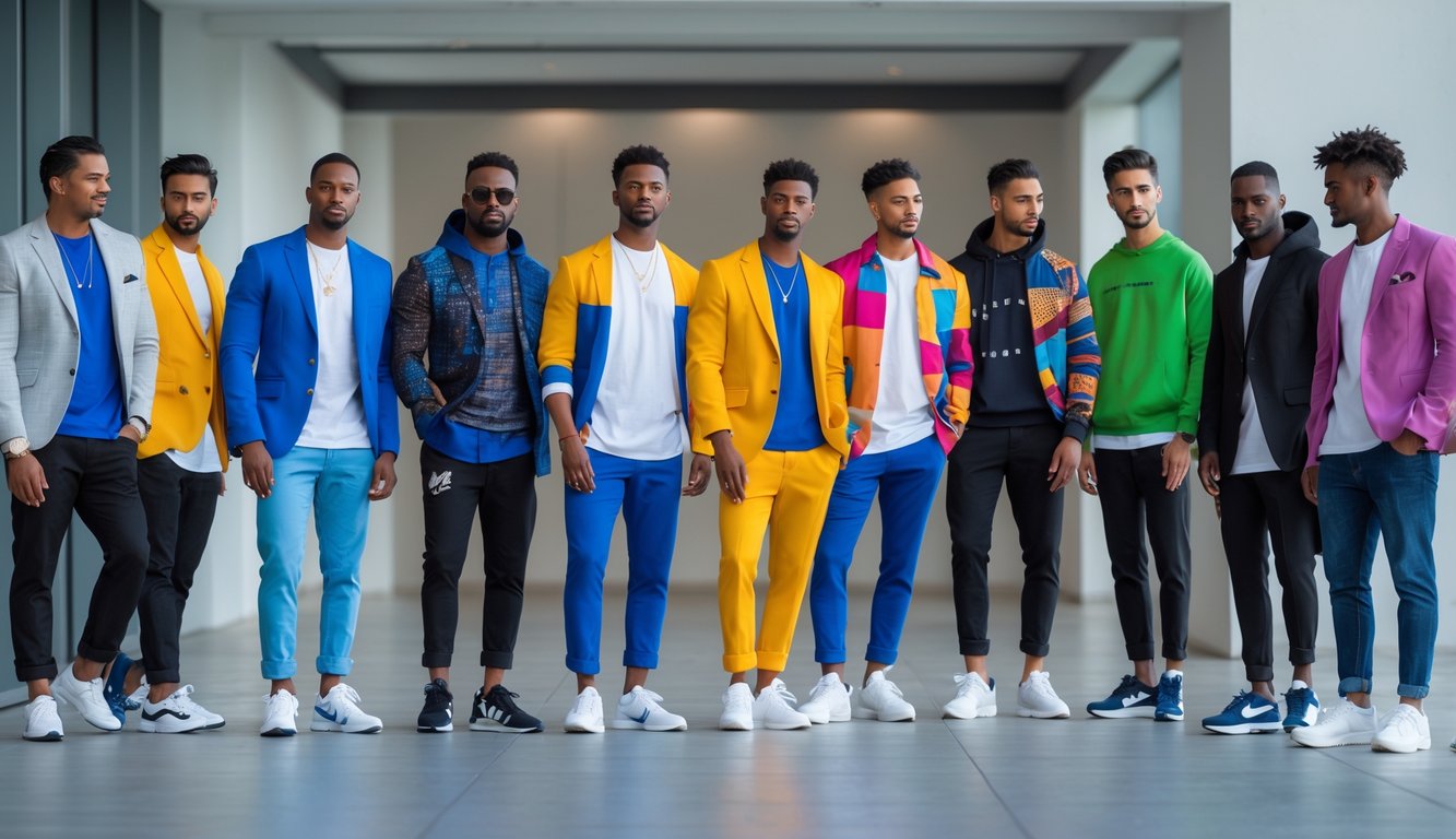 A group of men standing and interacting outdoors in a city setting, wearing a mix of formal and casual clothing.