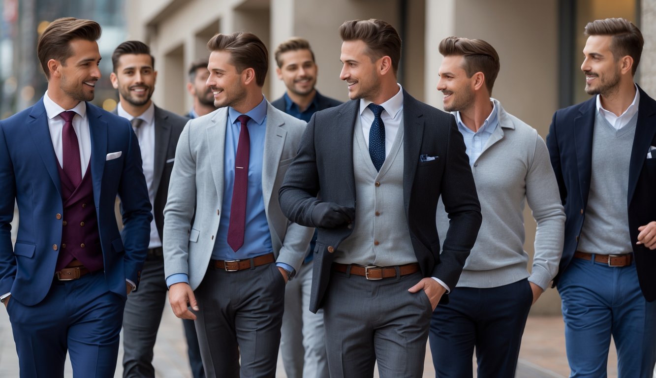A group of men wearing a variety of formal and casual outfits suitable for different seasons, standing and walking outdoors in an urban setting.